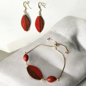 Reimagined Wood Gold Tone Lariat Bracelet and Earring Set